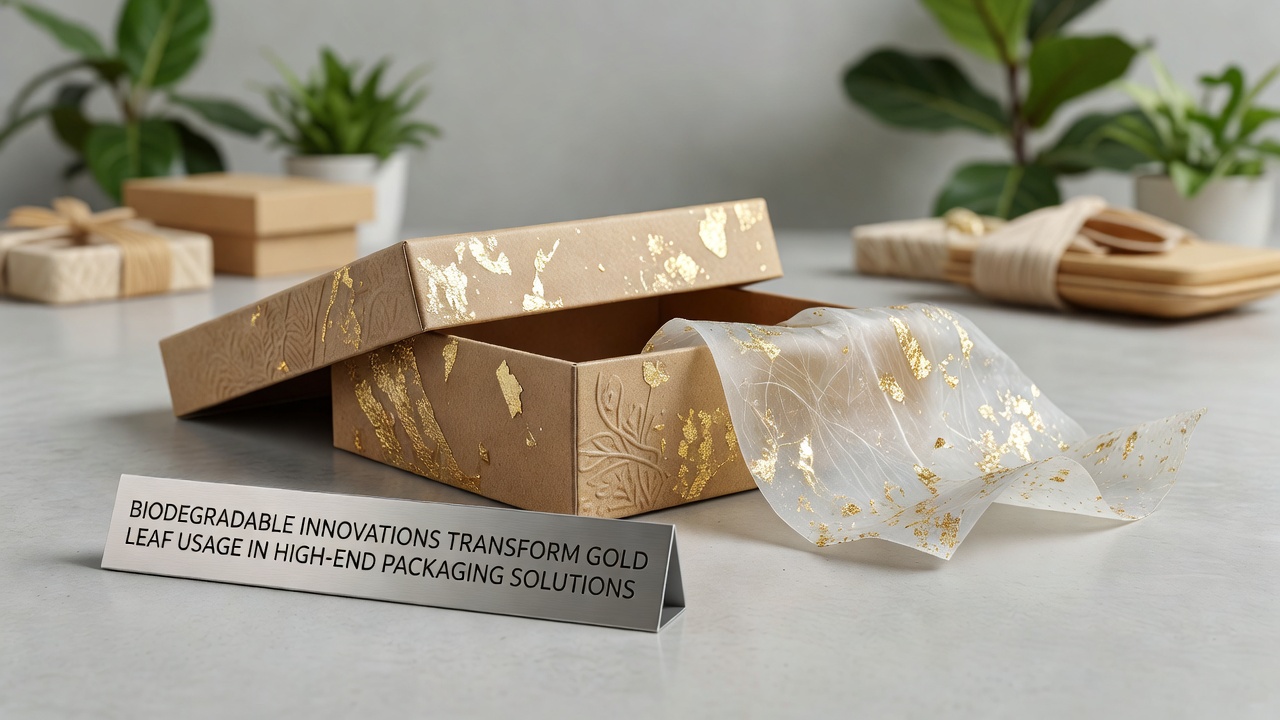Close-up of gold leaf application on biodegradable packaging substrate showing texture and metallic sheen