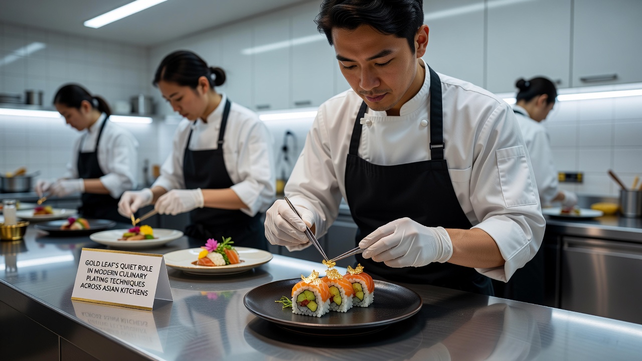Close-up view of gold leaf flakes being placed on a plated dessert using precision tools in an Asian restaurant kitchen
