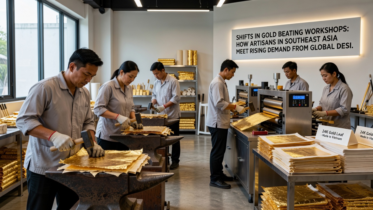 Rows of gold leaf sheets drying in a controlled workshop environment in Vietnam