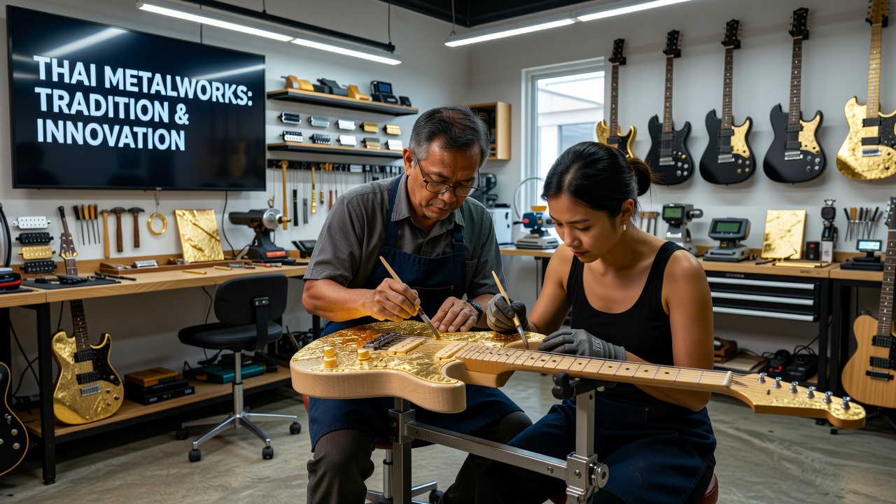 Close-up of gold leaf detailing on an electric guitar headstock crafted by Thai metalworkers